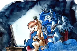 Size: 720x483 | Tagged: artist:kenket, artist:spainfischer, button mash, derpibooru import, gamer luna, headset, princess luna, safe, traditional art, video game, watercolor painting