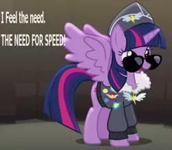 Size: 780x680 | Tagged: safe, derpibooru import, screencap, commander easy glider, twilight sparkle, twilight sparkle (alicorn), alicorn, pony, testing testing 1-2-3, ancient wonderbolts uniform, bomber jacket, caption, clothes, cropped, female, hat, image macro, mare, meme, solo, sunglasses, top gun, uniform