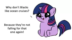 Size: 1194x668 | Tagged: safe, derpibooru import, twilight sparkle, unicorn, filly, filly twilight sparkle, filly twilight telling an offensive joke, meme, obligatory pony, out of character, racism, simple background, slavery, solo, unicorn twilight, vulgar, white background