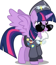 Size: 5792x6781 | Tagged: safe, artist:thisismyphotoshoppin, derpibooru import, commander easy glider, twilight sparkle, twilight sparkle (alicorn), alicorn, pony, testing testing 1-2-3, .ai available, absurd resolution, ancient wonderbolts uniform, clothes, female, hat, jacket, mare, outfit, simple background, solo, sunglasses, transparent background, uniform, vector