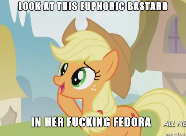 Size: 610x446 | Tagged: applejack, derpibooru import, euphoric, fedora, fedora shaming, hat, image macro, meme, safe, sarcasm, solo, vulgar