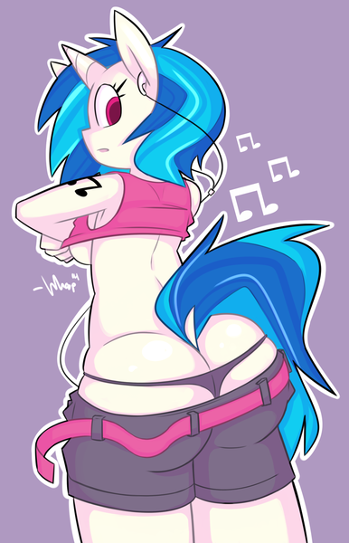 Size: 1258x1956 | Tagged: questionable, artist:whoop, derpibooru import, vinyl scratch, anthro, ass, breasts, buttcrack, clothes, dock, female, headphones, panties, shirt, shorts, sideboob, solo, solo female, thong, underboob, underwear, undressing, vinyl ass, wardrobe malfunction