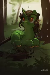 Size: 700x1050 | Tagged: safe, artist:noben, derpibooru import, oc, unofficial characters only, plant pony, pony, unicorn, female, forest, plants, prone, rain, solo, unshorn fetlocks