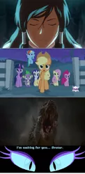 Size: 596x1220 | Tagged: safe, derpibooru import, applejack, fluttershy, pinkie pie, rainbow dash, rarity, spike, twilight sparkle, twilight sparkle (alicorn), alicorn, kaiju, pony, fanfic, crossover, eyes, fanfic scene, female, godzilla, godzilla (series), godzilla 2014, korra, mane seven, mane six, mare, the legend of korra, war of three worlds