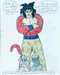 Size: 850x1064 | Tagged: safe, artist:jose-ramiro, derpibooru import, diamond tiara, silver spoon, pony, crossover, dragon ball, dragon ball gt, female, goku, image, jpeg, male, speech bubble, super saiyan 4, traditional art