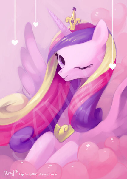 Size: 600x846 | Tagged: artist:amy30535, derpibooru import, heart, looking at you, princess cadance, safe, sample, solo, wink, wip