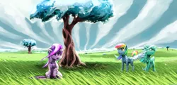 Size: 4261x2065 | Tagged: safe, artist:sharpieboss, derpibooru import, lyra heartstrings, twilight sparkle, pegasus, pony, unicorn, blushing, drool, female, grass, implied lesbian, implied shipping, implied twidash, improving skills, mare, scenery, tree, unicorn twilight, wingboner