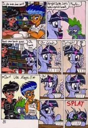 Size: 1376x1983 | Tagged: safe, artist:newyorkx3, derpibooru import, flash sentry, spike, twilight sparkle, twilight sparkle (alicorn), oc, oc:tommy, alicorn, human, pony, comic:twilight and the big city, comic, female, majestic as fuck, mare, non-mlp oc, salad, self insert, table manners, traditional art