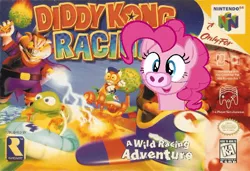 Size: 640x439 | Tagged: artist:mastermcnugget, baby cakes, boulder canyon, box art, derpibooru import, diddy kong racing, edit, nintendo 64, piggy dance, pinkie pie, safe, video game