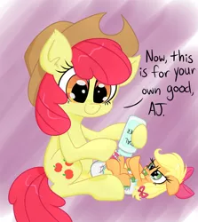 Size: 1143x1280 | Tagged: safe, artist:skitter, derpibooru import, apple bloom, applejack, pony, accessory swap, age regression, baby, baby pony, diaper, foal, foal powder, pacifier, role reversal, swapped cutie marks