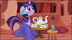 Size: 1191x670 | Tagged: adorkable, artist:eagle1division, blanket, blushing, bow, cute, derpibooru import, dork, embarrassed, floppy ears, grin, safe, sitting, smarty pants, smiling, solo, tea, teacup, tea party, teapot, twiabetes, twilight sparkle