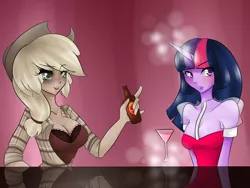 Size: 1600x1200 | Tagged: applejack, artist:underwaterteaparty, blushing, breasts, busty applejack, busty twilight sparkle, cleavage, clothes, derpibooru import, discorded, dress, drink, female, horned humanization, human, humanized, liarjack, magic, pony coloring, see-through, shy, studio killers, suggestive, twilight sparkle