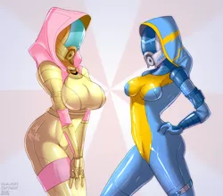 Size: 2227x1959 | Tagged: artist:skyline19, bodysuit, breasts, breast squeeze, busty fluttershy, cosplay, derpibooru import, female, fluttershy, hands together, helmet, human, humanized, latex, mass effect, quarian, reference, safe, tight clothing, wonderbolts, wonderbolts uniform