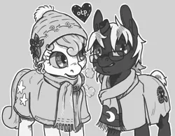 Size: 1280x997 | Tagged: artist:spectralunicorn, clothes, derpibooru import, glasses, hat, heart, monochrome, oc, oc:broken horn, oc:yellowstar, safe, scarf, unofficial characters only