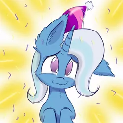 Size: 1000x1000 | Tagged: safe, artist:heir-of-rick, derpibooru import, trixie, pony, unicorn, abstract background, catchlights, confetti, crying, cute, diatrixes, ear fluff, fluffy, happy, hat, impossibly large ears, looking at you, no pupils, party hat, smiling, solo, tears of joy, wavy mouth