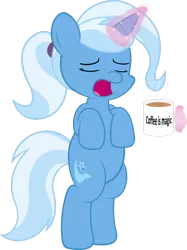 Size: 1100x1474 | Tagged: safe, artist:zacatron94, derpibooru import, trixie, pony, alternate hairstyle, bipedal, clone, coffee, lula, magic, morning ponies, mug, ponytail, simple background, solo, transparent background, vector, yawn