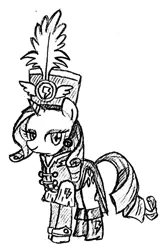 Size: 675x1024 | Tagged: safe, artist:tebasaki, derpibooru import, rarity, pony, unicorn, testing testing 1-2-3, ancient wonderbolts uniform, black and white, clothes, female, grayscale, hat, mare, monochrome, sgt. rarity, shako, simple background, solo, traditional art, uniform