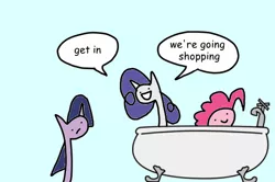 Size: 600x398 | Tagged: artist:wollap, bathtub, comic, derpibooru import, pinkie pie, rarity, safe, shopping, twilight sparkle