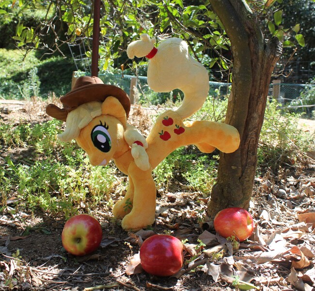 Size: 3531x3258 | Tagged: apple, applebucking, applejack, applejack mid tree-buck facing the left with 3 apples falling down, applejack mid tree-buck with 3 apples falling down, artist:sirdragonlance, derpibooru import, falling, food, irl, photo, plushie, safe, solo