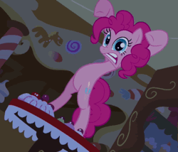 Size: 420x360 | Tagged: safe, derpibooru import, screencap, pinkie pie, earth pony, pony, bridle gossip, season 1, animated, belly, bipedal, breathing, concave belly, female, food, hyperventilating, looking at you, loop, mare, meme, solo, sugarcube corner