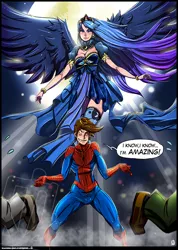 Size: 631x886 | Tagged: artist:kamina1978, clothes, crossover, derpibooru import, human, humanized, moon, peter parker, princess luna, safe, spiderluna, spider-man, spiders and magic: rise of spider-mane, stockings, thigh highs, winged humanization