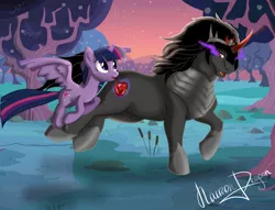 Size: 1022x782 | Tagged: safe, artist:nairondragon, derpibooru import, king sombra, twilight sparkle, twilight sparkle (alicorn), alicorn, pony, female, flying, image, jpeg, male, mare, running, shipping, sombra eyes, sombra's cutie mark, straight, twibra