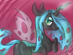 Size: 1024x768 | Tagged: artist:brownie97, changeling, changeling queen, derpibooru import, female, queen chrysalis, raised hoof, safe, solo