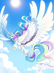Size: 2858x3850 | Tagged: safe, artist:frogbians, derpibooru import, princess celestia, alicorn, classical unicorn, pony, unicorn, cloud, cloudy, cloven hooves, colored wings, crown, female, flying, hoof shoes, impossibly large horn, impossibly large wings, jewelry, large wings, lens flare, leonine tail, majestic, mare, regalia, sky, smiling, solo, spread wings, sun, unshorn fetlocks, wings