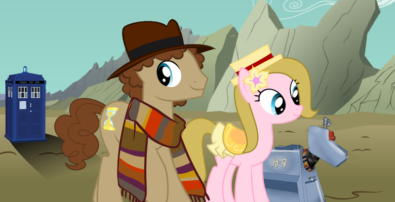 Size: 1022x522 | Tagged: safe, artist:fedora, derpibooru import, doctor whooves, time turner, clothes, doctor who, fedora, fourth doctor, hat, image, k-9, png, quarry, romana, scarf, tardis