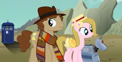 Size: 1022x522 | Tagged: artist:fedora, clothes, derpibooru import, doctor who, doctor whooves, fedora, fourth doctor, hat, k-9, quarry, romana, safe, scarf, tardis, time turner