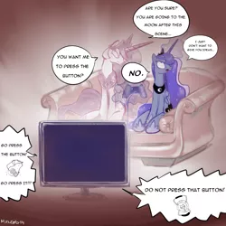 Size: 3000x3000 | Tagged: artist:nadvgia, bedroom eyes, controller, couch, derpibooru import, gaming, glados, portal 2, princess celestia, princess luna, princess molestia, safe, television, two best sisters play, wheatley