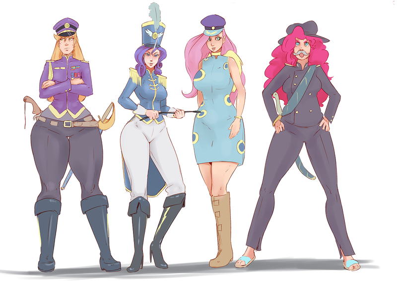 Size: 1280x908 | Tagged: ancient wonderbolts uniform, applebucking thighs, applejack, artist:sundown, boots, clothes, derpibooru import, epaulettes, facial hair, fake moustache, fluttershy, hat, high heel boots, horned humanization, human, humanized, line-up, moustache, pinkie pie, rarity, saber, safe, sgt. rarity, shako, shoes, sword, testing testing 1-2-3, uniform, weapon, wide hips, winged humanization