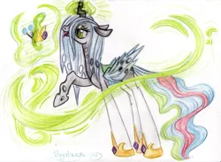 Size: 3377x2474 | Tagged: artist:julunis14, character to character, derpibooru import, princess celestia, queen chrysalis, safe, solo, traditional art, transformation