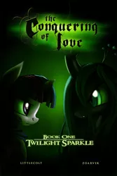 Size: 1280x1920 | Tagged: safe, artist:zoarvek, derpibooru import, queen chrysalis, twilight sparkle, changeling, changeling queen, pony, comic:the conquering of love, fanfic:the conquering of love, cover art, fanfic art, female
