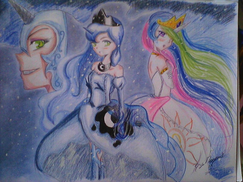 Size: 1600x1200 | Tagged: artist:nozomifujimiya, derpibooru import, horned humanization, human, humanized, nightmare moon, princess celestia, princess luna, safe, traditional art