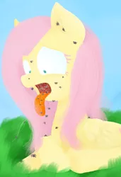 Size: 396x580 | Tagged: grimdark, artist:twithehedgehog, derpibooru import, fluttershy, spider, colored eyelashes, crawling, creepy, horror, lineless, open mouth, prone, shocked, sitting, solo, spider web, surreal, surreal horror, tongue out, wide eyes
