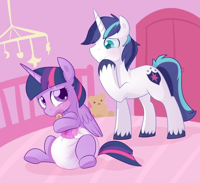 Size: 1280x1167 | Tagged: questionable, artist:cuddlehooves, derpibooru import, shining armor, twilight sparkle, twilight sparkle (alicorn), alicorn, pony, adult foal, blushing, cuddlehooves is trying to murder us, cute, cutie mark diapers, diaper, diaper fetish, female, mare, pacifier, poofy diaper, shining adorable, twiabetes