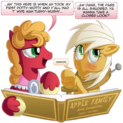 Size: 1000x1000 | Tagged: safe, derpibooru import, big macintosh, goldie delicious, earth pony, pony, accent, female, male, mare, photo album, role reversal, squick, stallion, voice actor joke, y'all