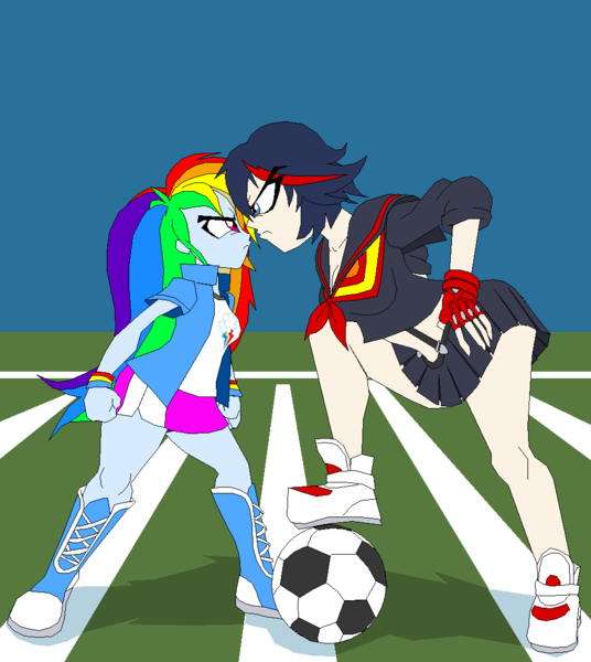 Size: 969x1085 | Tagged: safe, artist:terry, derpibooru import, rainbow dash, equestria girls, crossover, erica mendez, football, kill la kill, ryuko matoi, senketsu, voice actor joke