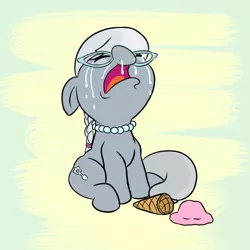 Size: 1000x1000 | Tagged: safe, artist:midnight-wizard, derpibooru import, silver spoon, pony, crying, cute, eyes closed, floppy ears, ice cream, open mouth, sad, silverbetes, sitting, snot, solo