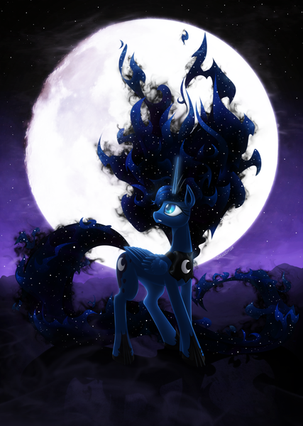 Size: 2972x4180 | Tagged: artist:shaadorian, backlighting, derpibooru import, long mane, long tail, moon, night, princess luna, safe, solo