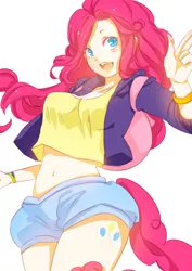 Size: 2480x3507 | Tagged: artist:daikoku, backpack, belly button, clothes, cute, cutie mark, derpibooru import, diapinkes, human, humanized, midriff, open mouth, pinkie pie, pixiv, safe, shorts, simple background, solo, tailed humanization, white background