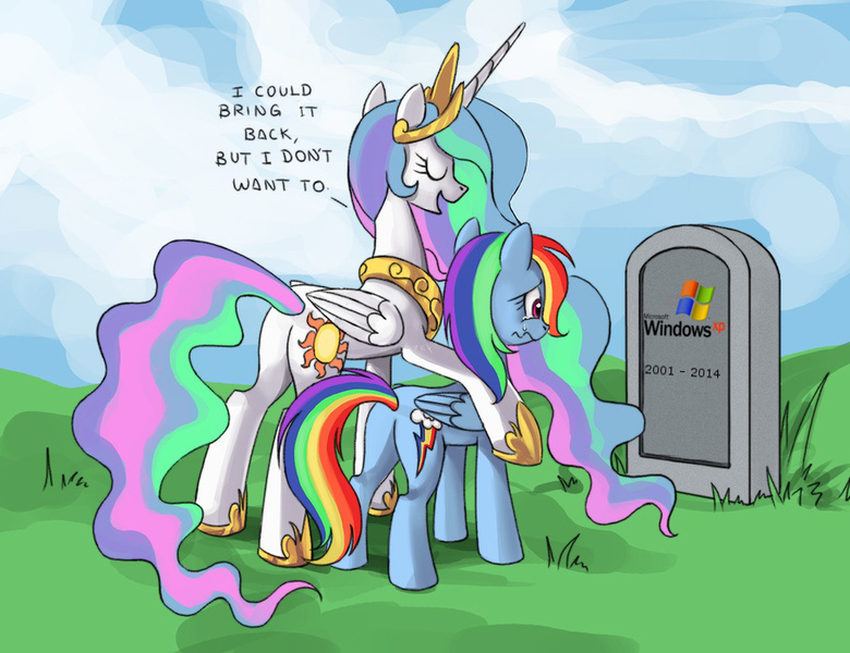 Size: 910x700 | Tagged: safe, artist:ponykillerx, artist:zadrave, derpibooru import, edit, princess celestia, rainbow dash, alicorn, pegasus, pony, butt, celestia's grave meme, end of life, exploitable, exploitable meme, fake, female, gravestone, implied death, mare, meme, plot, windows xp