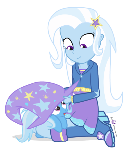 Size: 750x870 | Tagged: safe, artist:dm29, derpibooru import, trixie, equestria girls, cute, diatrixes, duality, duo, filly, hat, highrollerhydra started the murders, human ponidox, julian yeo is trying to murder us, pony pet, simple background, transparent background