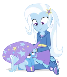 Size: 750x870 | Tagged: safe, artist:dm29, derpibooru import, trixie, equestria girls, cute, diatrixes, duality, duo, filly, hat, highrollerhydra started the murders, human ponidox, julian yeo is trying to murder us, pony pet, simple background, transparent background