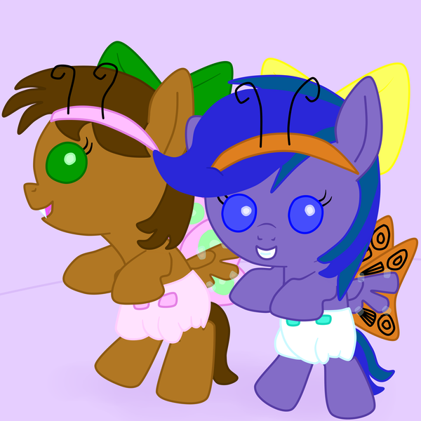 Size: 2400x2400 | Tagged: safe, artist:emerald rush, derpibooru import, oc, oc:emerald rush, oc:night spectrum, unofficial characters only, butterfly, pegasus, pony, antennae, baby, baby pony, clothes, costume, diaper, foal, pegaling