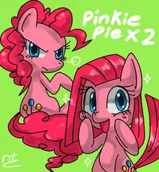 Size: 600x650 | Tagged: safe, artist:nanatuco, derpibooru import, pinkie pie, pony, alternate universe, angry, bipedal, cute, cuteamena, diapinkes, duality, frown, glare, looking at you, looking back, lunaverse, open mouth, pinkamena diane pie, pixiv, raised hoof, role reversal, sitting, smiling, solo, sparkles
