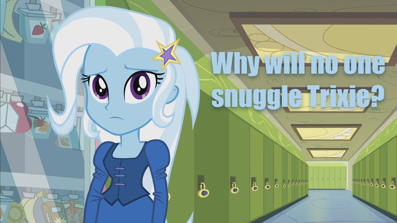 Size: 1280x720 | Tagged: safe, derpibooru import, trixie, equestria girls, blue text, bronybait, caption, cute, imma snuggle you, snuggles?, solo, third person