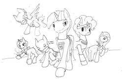 Size: 1023x693 | Tagged: applejack, artist:ravetuba, batman, clothes, dc comics, derpibooru import, fluttershy, green lantern, justice league, mane six, martian manhunter, monochrome, outfits, pinkie pie, rainbow dash, rarity, safe, suit, superman, the flash, traditional art, twilight sparkle, wonder woman