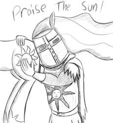 Size: 1280x1393 | Tagged: artist:crizbitz, butthug, dark souls, derpibooru import, faceful of ass, hug, monochrome, plot, praise the sun, princess celestia, simple background, solaire of astora, suggestive, white background